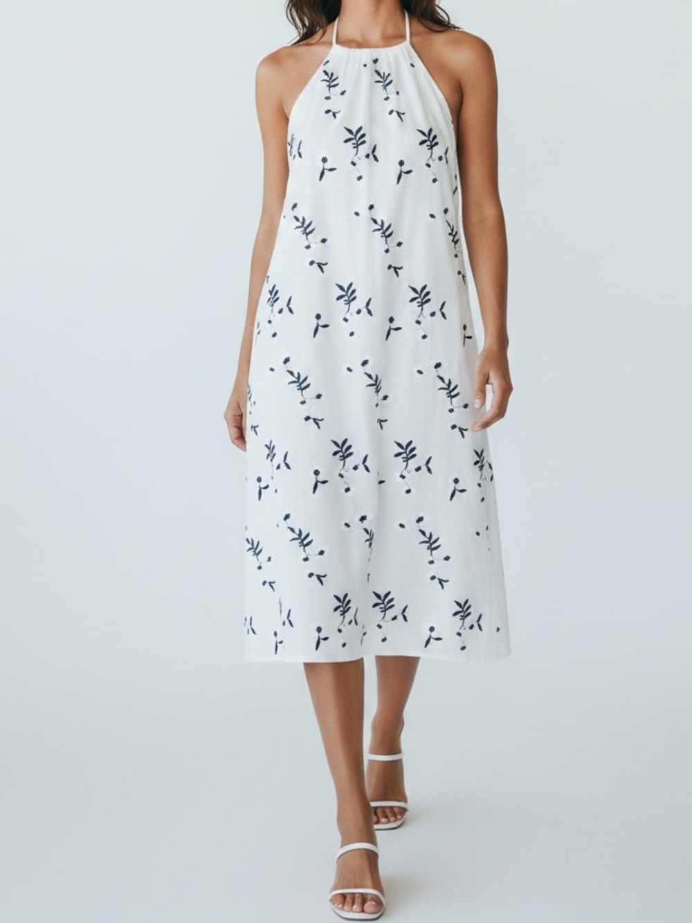 Coco cabana White Halter Midi Dress with Navy Floral Print sz M
